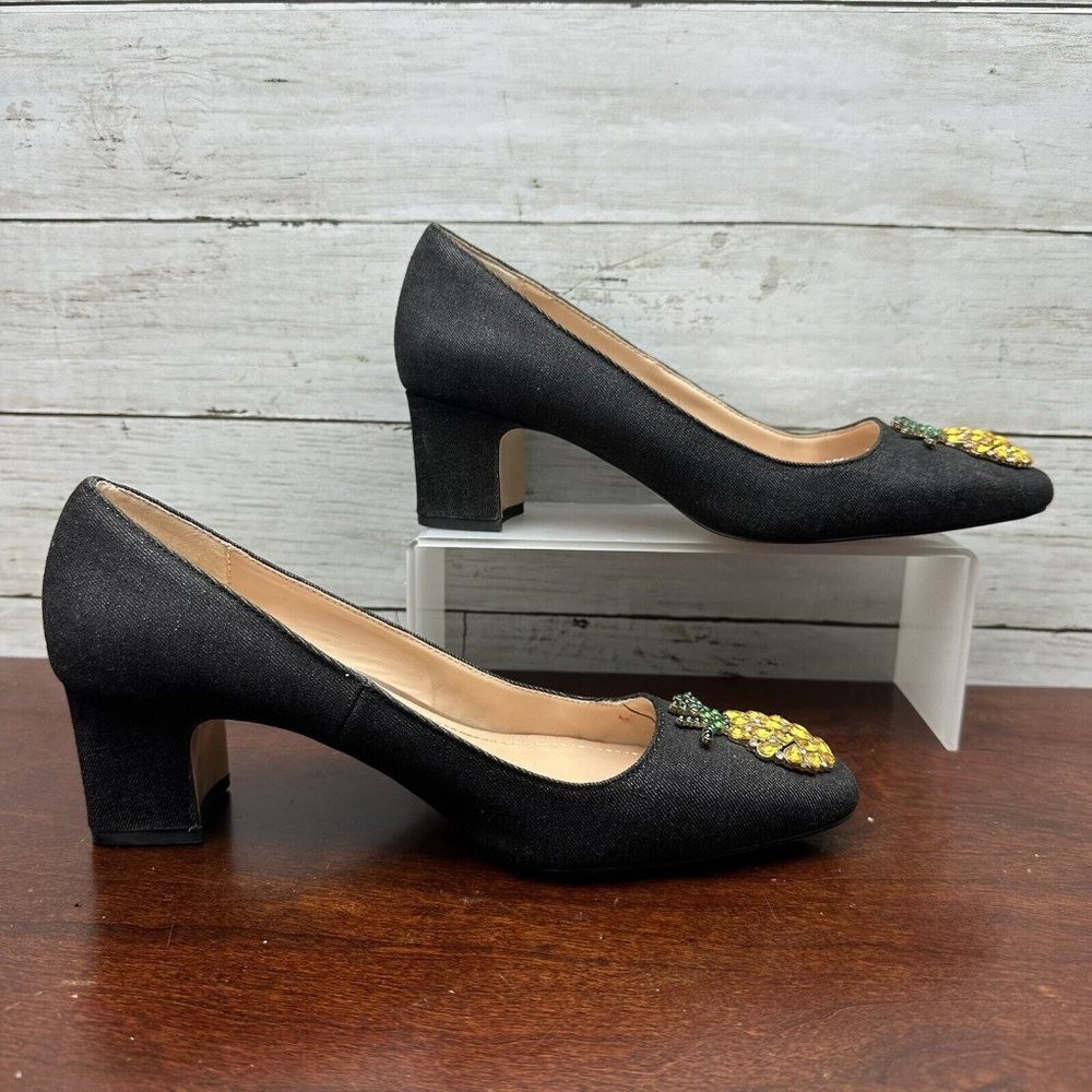 Zara Woman Denim Slip On Block Heel Shoes Rhinestone Pineapple Size 9.5 / 40 - Picture 5 of 9